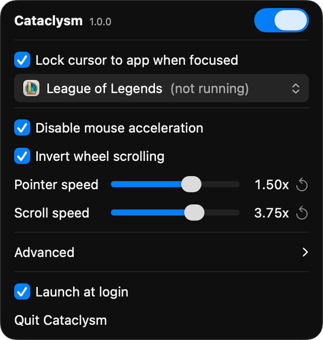 Cataclysm's menu bar dropdown